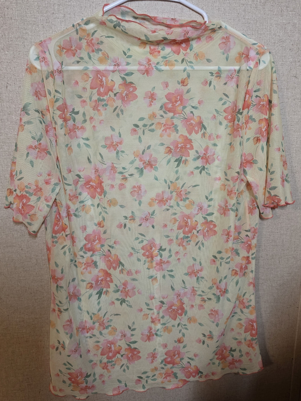 Floral Mesh Short-Sleeve Top in Cream and Coral